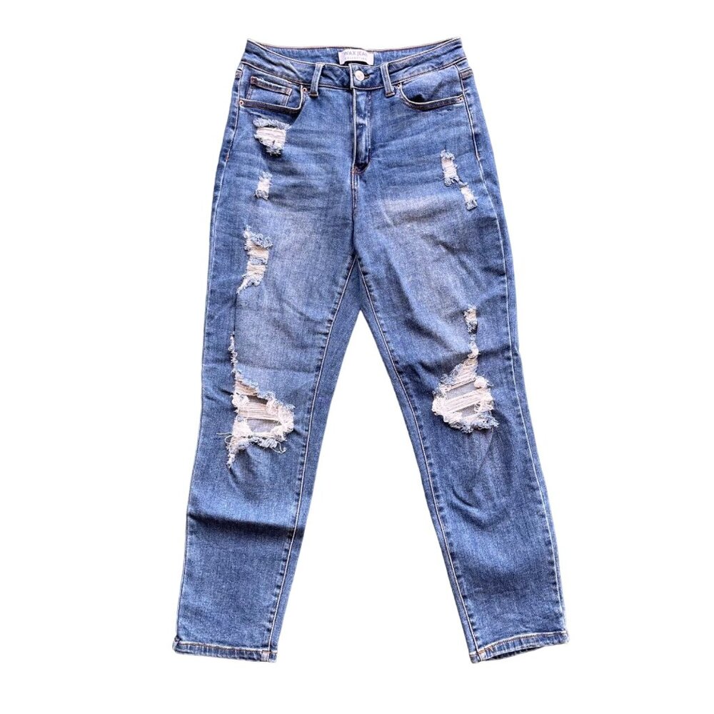 Wax Jean Collection Womens 7 28 Mom Blown Out Knee Ripped High Waist Denim 90250